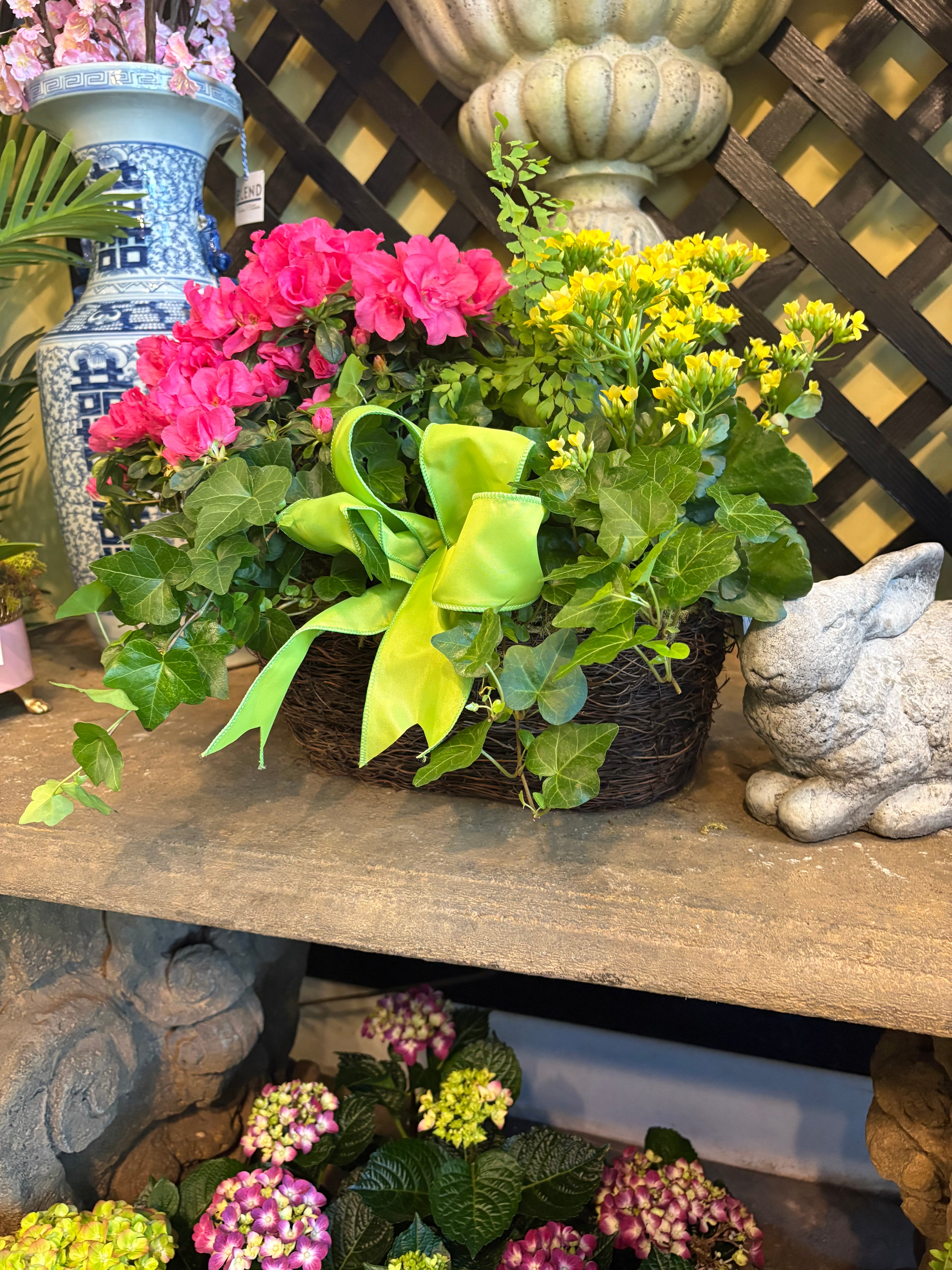 $150 Living Arrangement Flower Basket with Bow