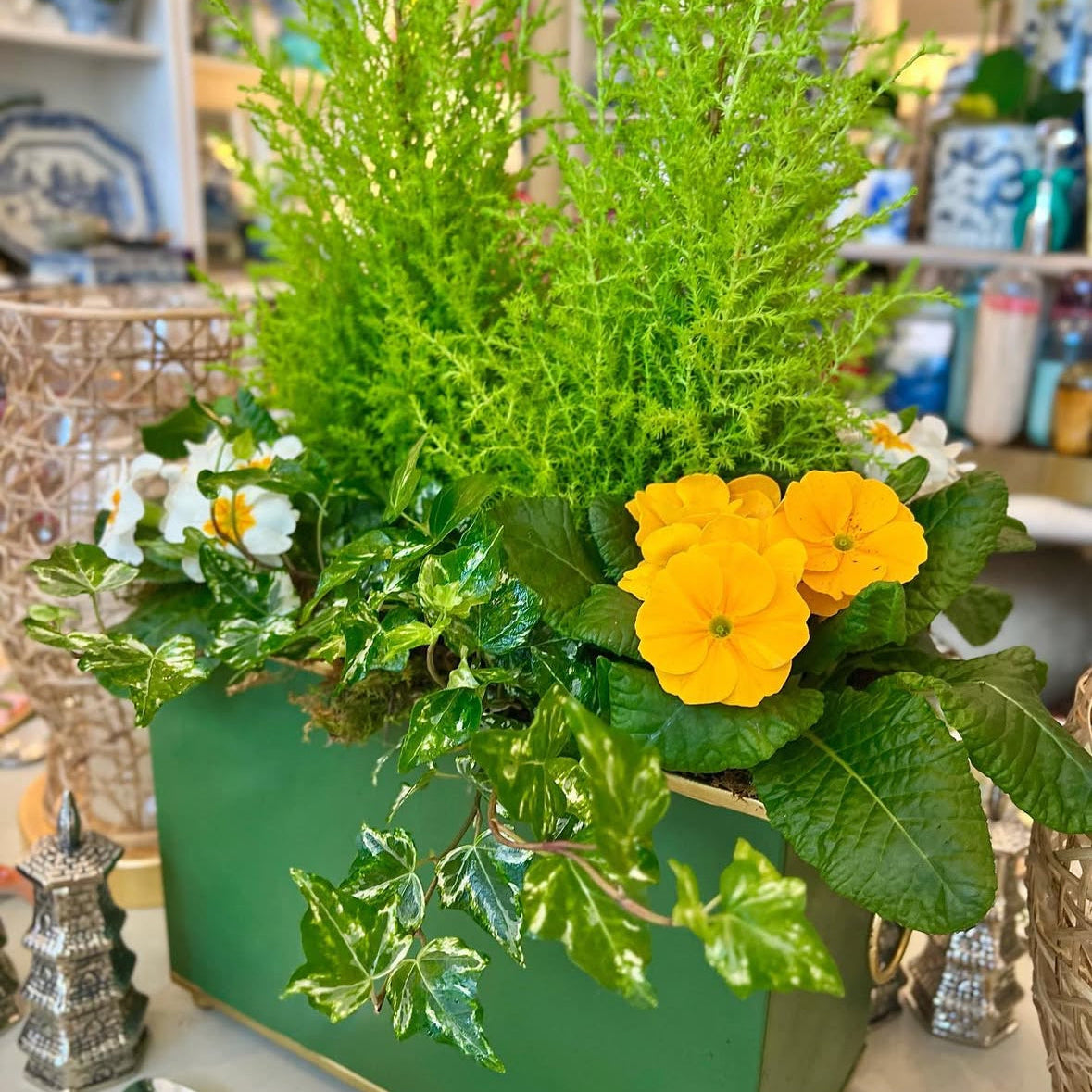 Green planter with yellow flowers and greenery on a store shelf.