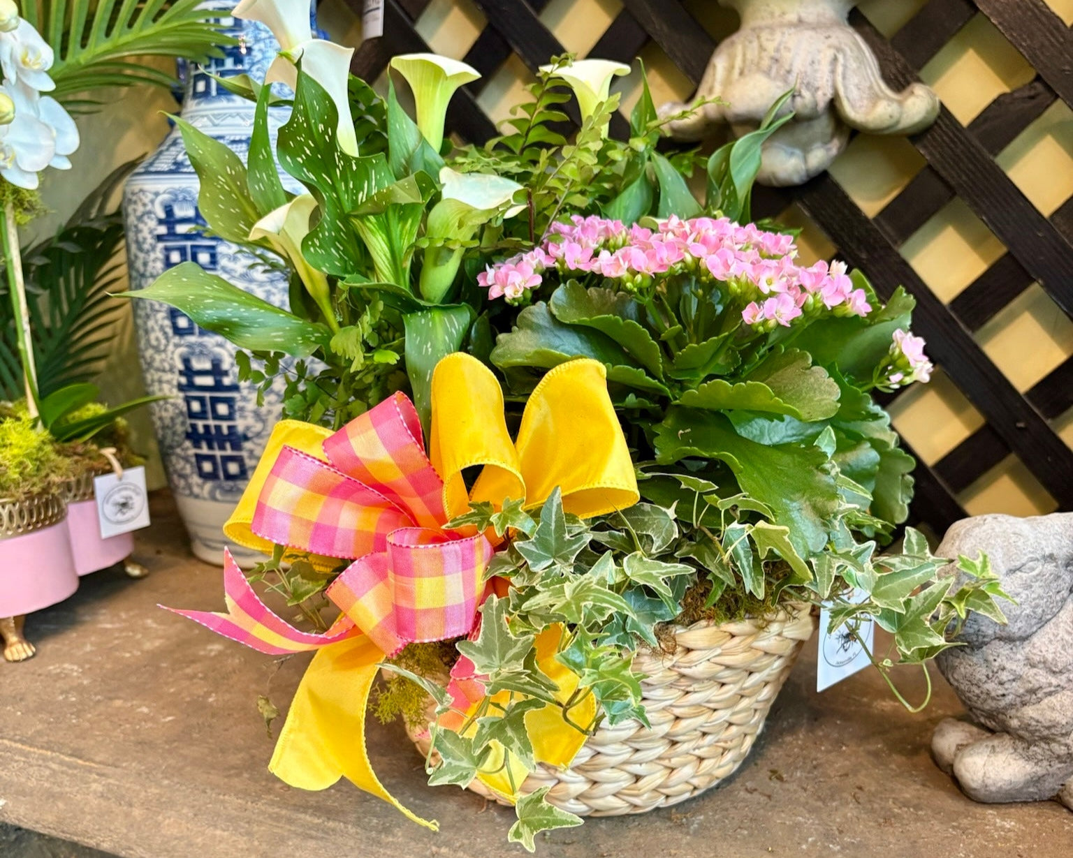 $200 Living Arrangement Flower Basket with Bow