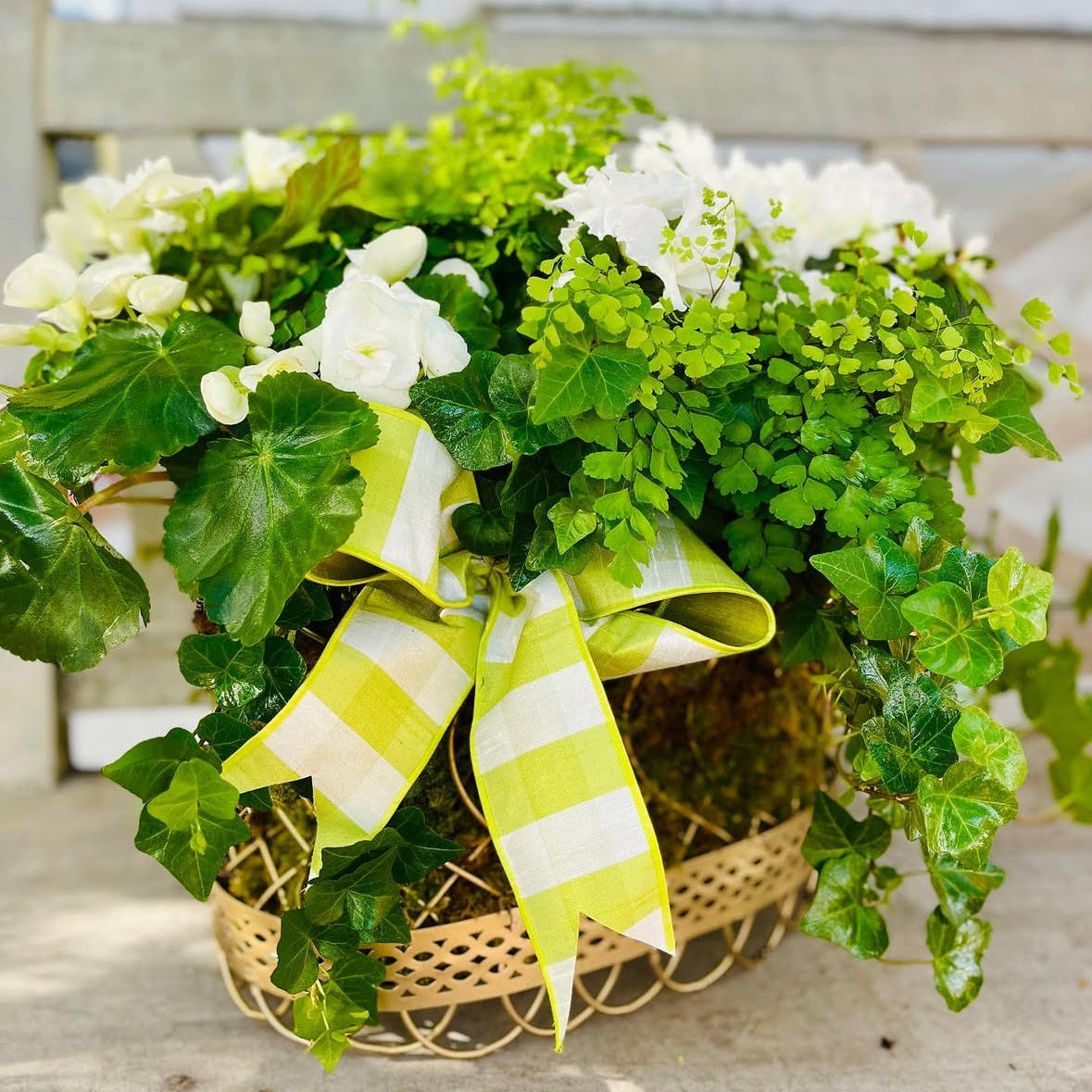 Arrangement of green and white flowers with a yellow and striped ribbon in a wire basket on a wooden surface.